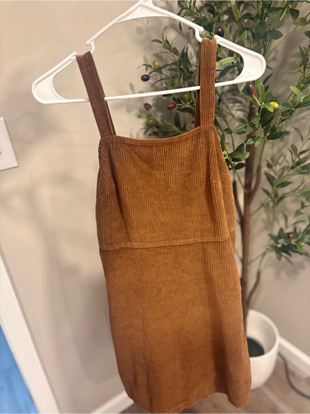 rust-brown American Eagle corduroy overall dress with a square neck size s